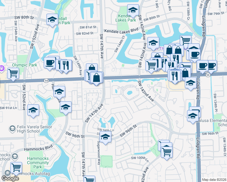 map of restaurants, bars, coffee shops, grocery stores, and more near 8962 Southwest 142nd Avenue in Miami