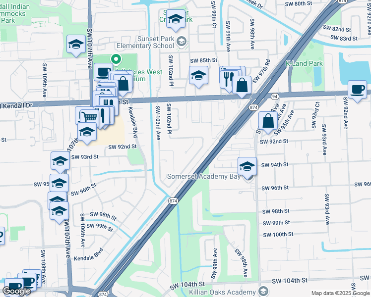 map of restaurants, bars, coffee shops, grocery stores, and more near 9220 Southwest 101st Avenue in Miami
