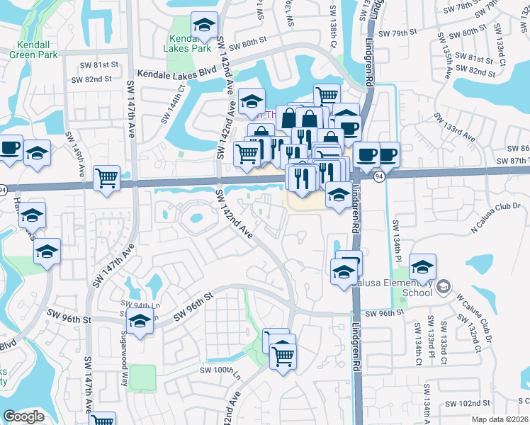 map of restaurants, bars, coffee shops, grocery stores, and more near 9041 Southwest 142nd Avenue in Miami