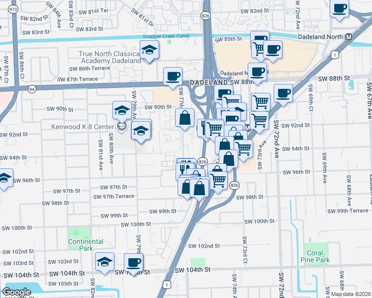 map of restaurants, bars, coffee shops, grocery stores, and more near 9357 Southwest 77th Avenue in Miami