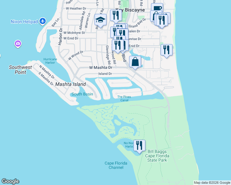 map of restaurants, bars, coffee shops, grocery stores, and more near 250 Cape Florida Drive in Key Biscayne