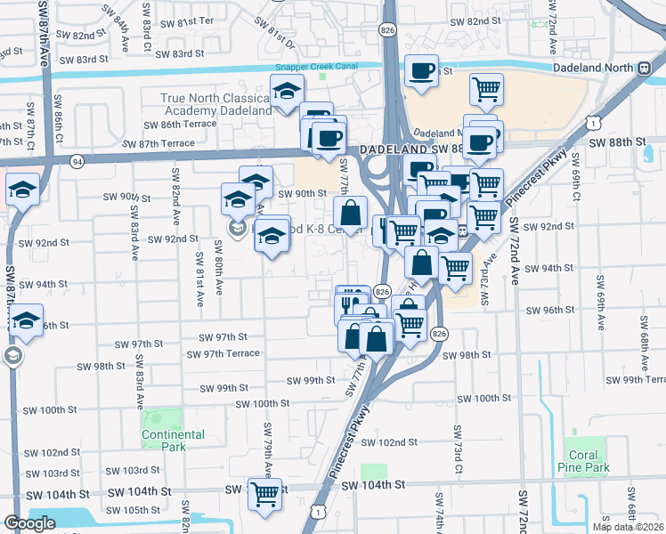 map of restaurants, bars, coffee shops, grocery stores, and more near 7771 Southwest 94th Terrace in Miami