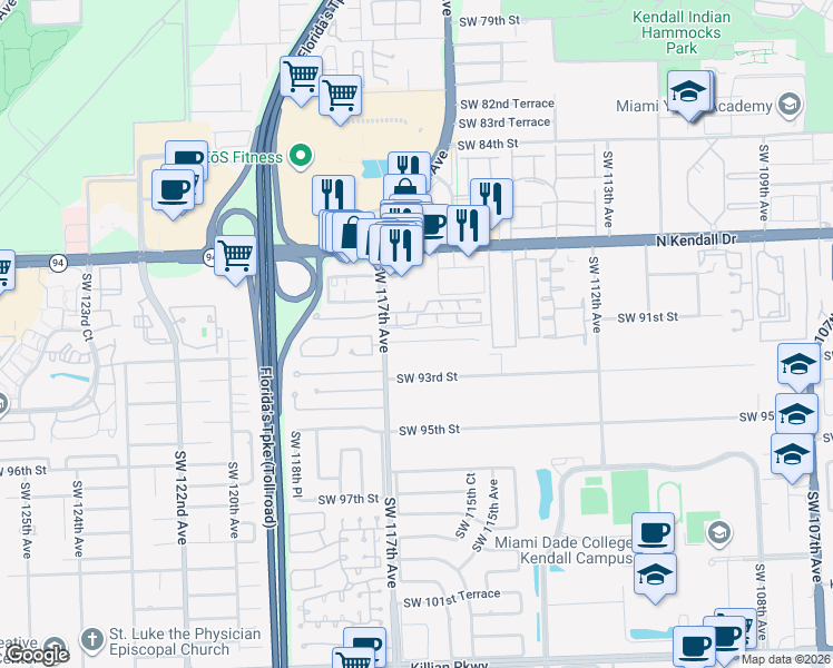 map of restaurants, bars, coffee shops, grocery stores, and more near 11650 Southwest 92nd Street in Miami
