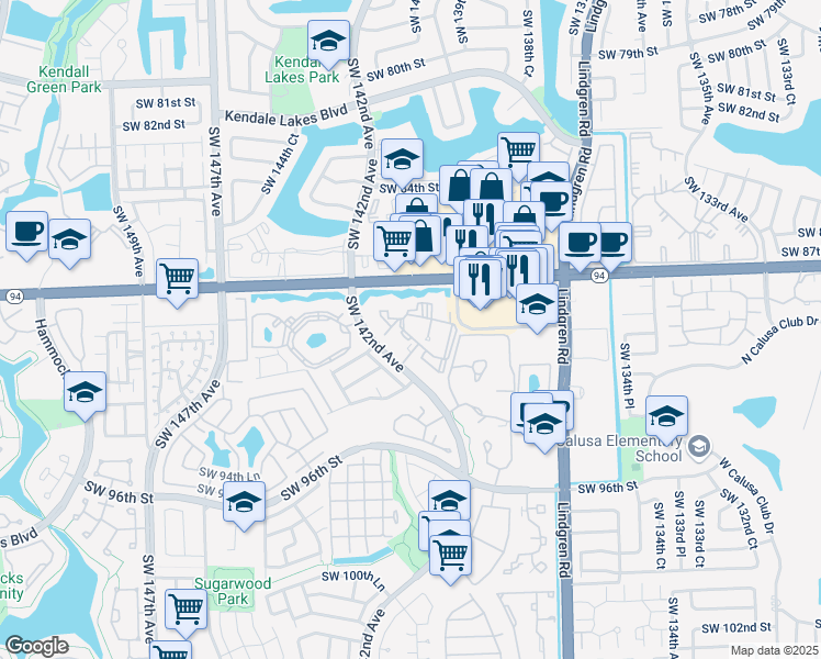 map of restaurants, bars, coffee shops, grocery stores, and more near 9041 Southwest 142nd Avenue in Miami