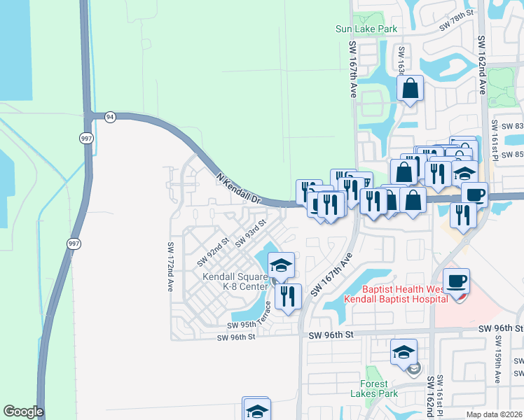 map of restaurants, bars, coffee shops, grocery stores, and more near 16936 Southwest 90th Street in Miami