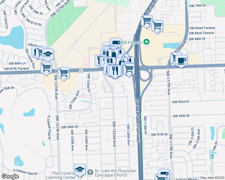 map of restaurants, bars, coffee shops, grocery stores, and more near Southwest 122nd Avenue in Miami