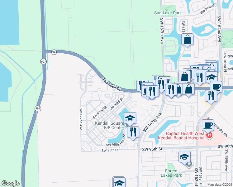 map of restaurants, bars, coffee shops, grocery stores, and more near 8905 Southwest 169th Court in Miami