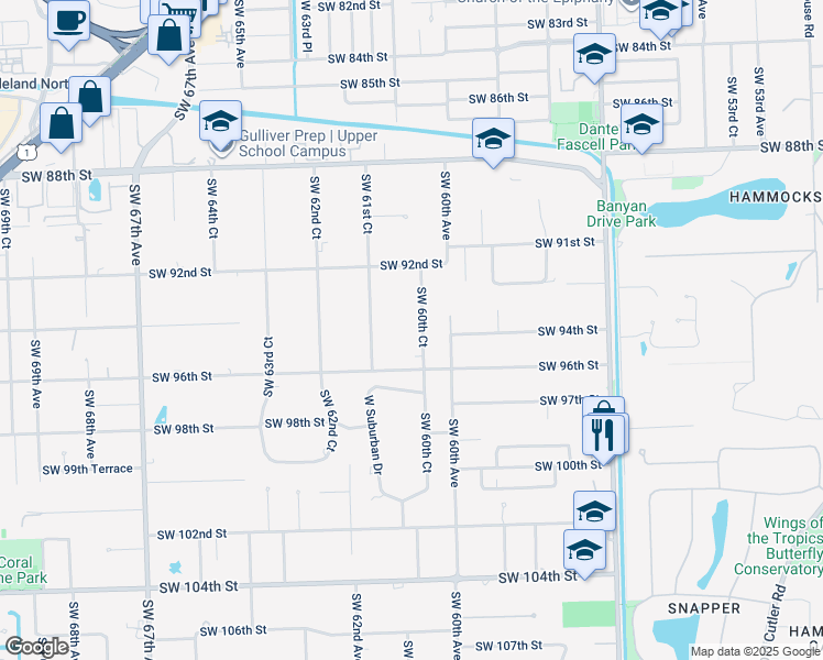 map of restaurants, bars, coffee shops, grocery stores, and more near 9424 Southwest 60th Court in Miami