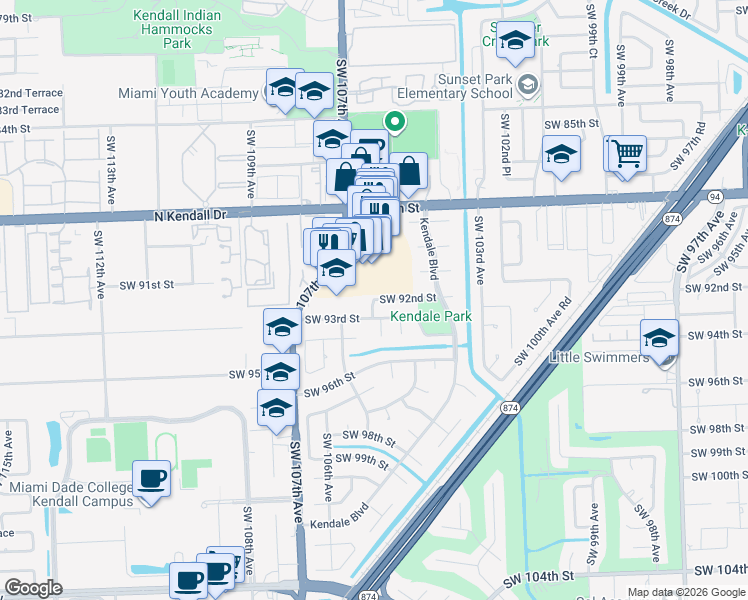 map of restaurants, bars, coffee shops, grocery stores, and more near 11560 SW 92nd Street in Miami