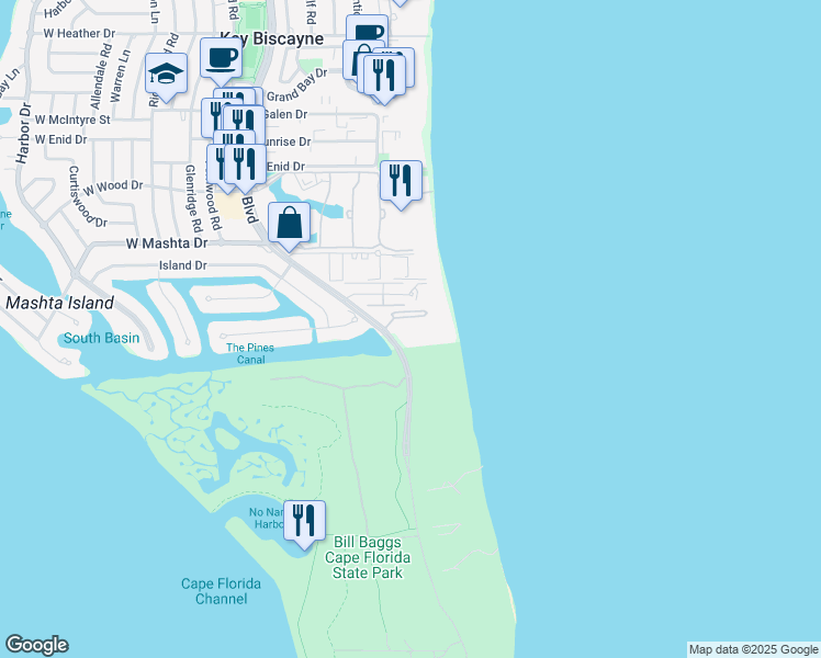 map of restaurants, bars, coffee shops, grocery stores, and more near 1121 Crandon Boulevard in Key Biscayne