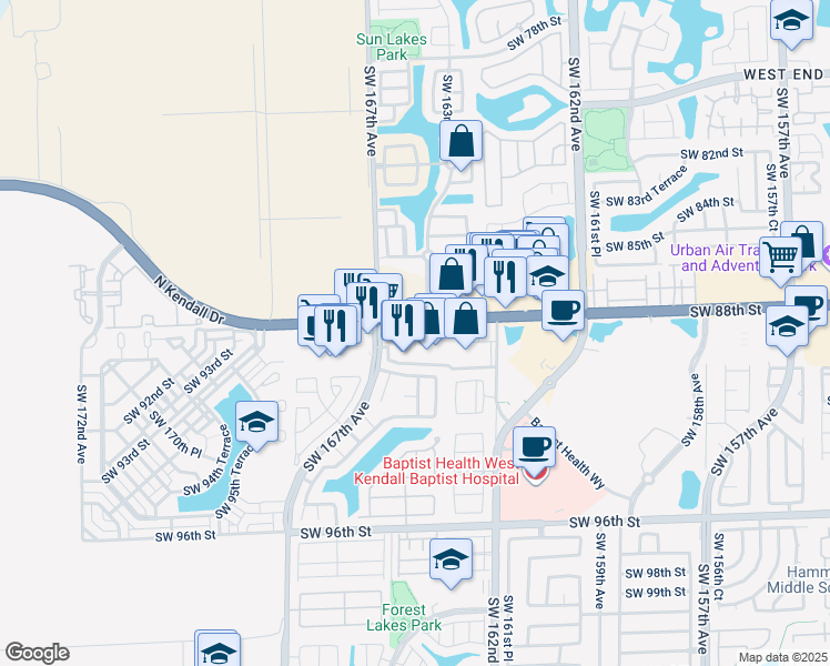 map of restaurants, bars, coffee shops, grocery stores, and more near 16508 Southwest 88th Street in Miami