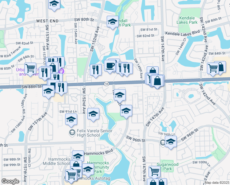 map of restaurants, bars, coffee shops, grocery stores, and more near 8901 Hammocks Boulevard in Miami