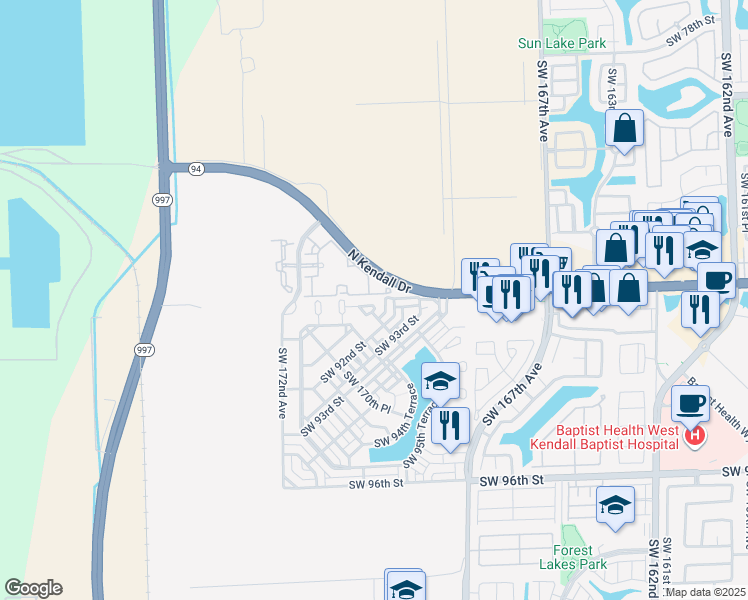 map of restaurants, bars, coffee shops, grocery stores, and more near 16953 Southwest 92nd Street in Miami