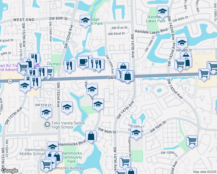 map of restaurants, bars, coffee shops, grocery stores, and more near 15012 Southwest 89th Terrace in Miami