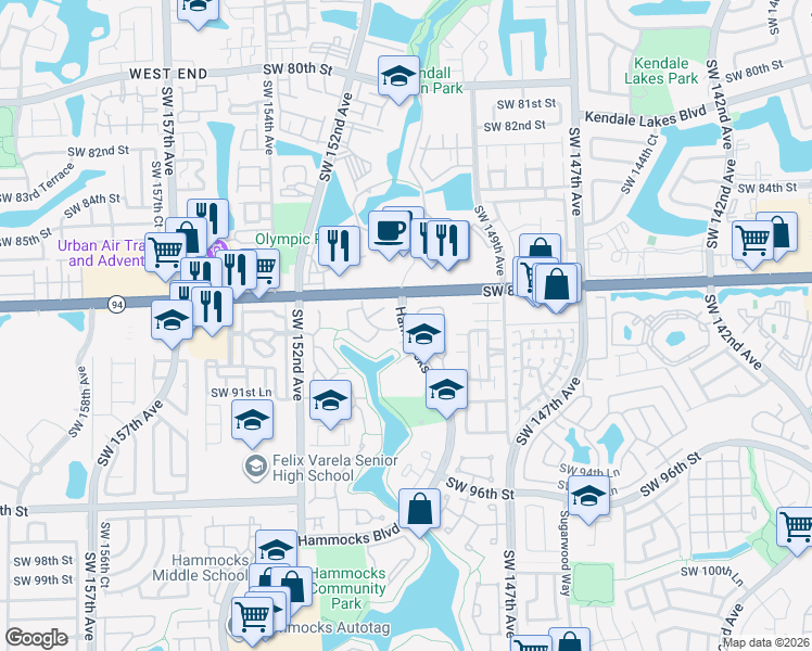 map of restaurants, bars, coffee shops, grocery stores, and more near Hammocks Boulevard in Miami