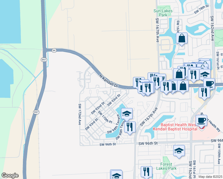 map of restaurants, bars, coffee shops, grocery stores, and more near 16953 Southwest 92nd Street in Miami