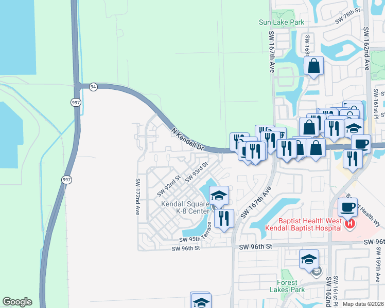 map of restaurants, bars, coffee shops, grocery stores, and more near 16953 Southwest 92nd Street in Miami