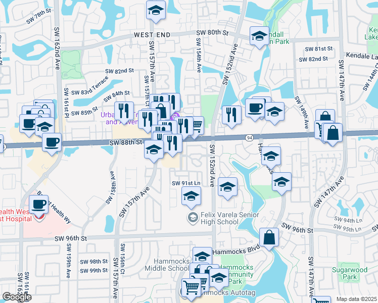 map of restaurants, bars, coffee shops, grocery stores, and more near 15305 Southwest 89th Terrace in Miami