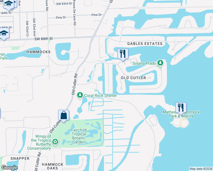 map of restaurants, bars, coffee shops, grocery stores, and more near 9370 Balada Street in Coral Gables