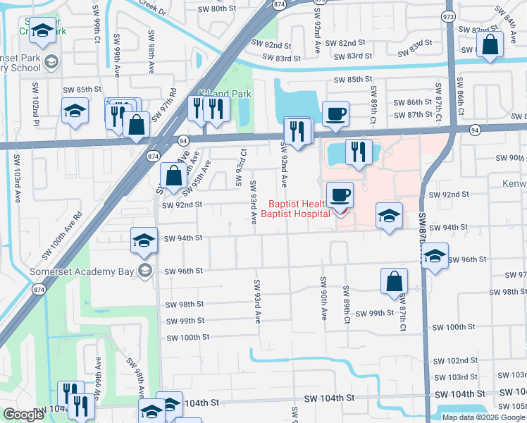 map of restaurants, bars, coffee shops, grocery stores, and more near 9242 Southwest 93rd Street in Miami