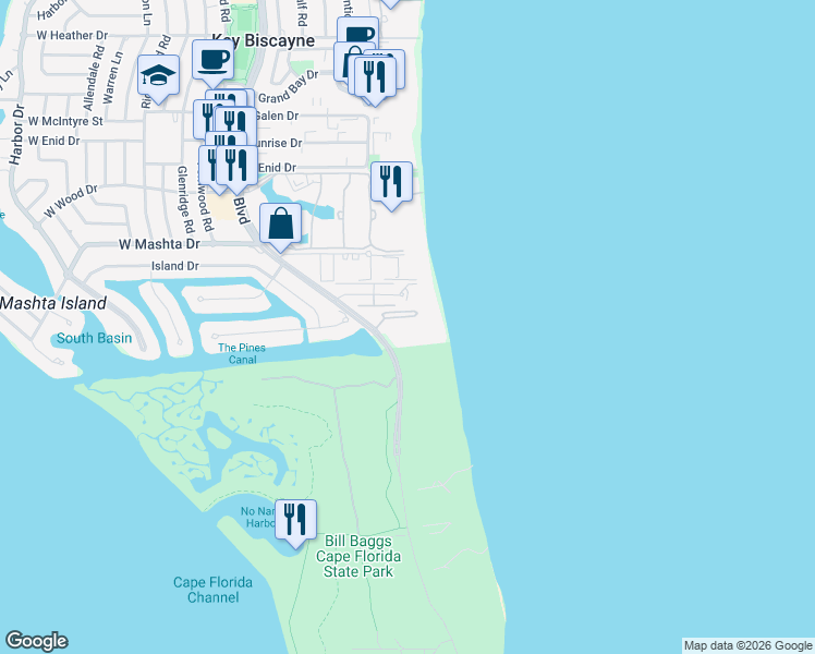 map of restaurants, bars, coffee shops, grocery stores, and more near 1121 Crandon Boulevard in Key Biscayne