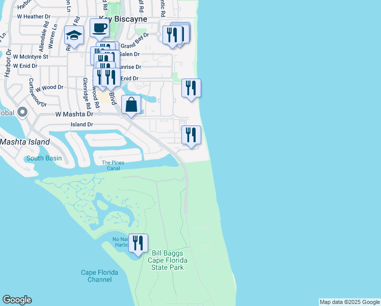 map of restaurants, bars, coffee shops, grocery stores, and more near 1121 Crandon Boulevard in Key Biscayne