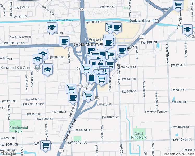 map of restaurants, bars, coffee shops, grocery stores, and more near 9406 South Dixie Highway in Pinecrest