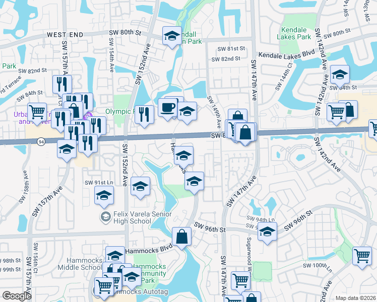 map of restaurants, bars, coffee shops, grocery stores, and more near 8485 Hammocks Boulevard in Miami