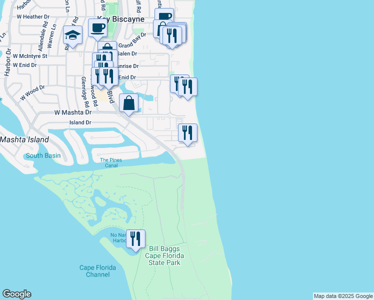 map of restaurants, bars, coffee shops, grocery stores, and more near 1121 Crandon Boulevard in Key Biscayne