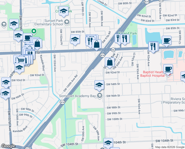 map of restaurants, bars, coffee shops, grocery stores, and more near 9776 Southwest 92nd Terrace in Miami