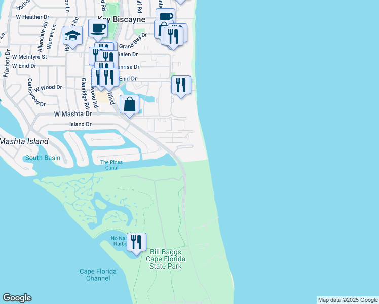 map of restaurants, bars, coffee shops, grocery stores, and more near 1121 Crandon Boulevard in Key Biscayne