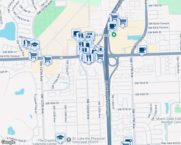 map of restaurants, bars, coffee shops, grocery stores, and more near 9051 Southwest 122nd Avenue in Miami