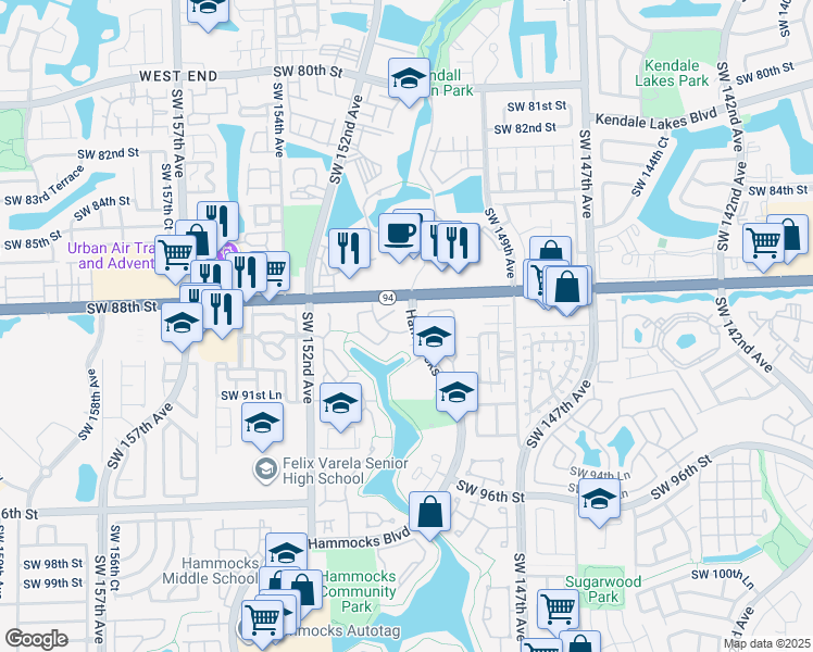 map of restaurants, bars, coffee shops, grocery stores, and more near 15021 Southwest 89th Terrace Road in Miami