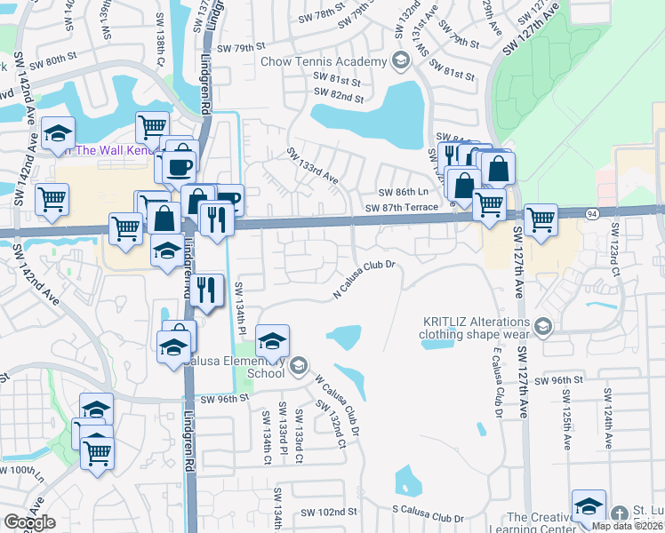 map of restaurants, bars, coffee shops, grocery stores, and more near 9059 Southwest 133rd Court in Miami