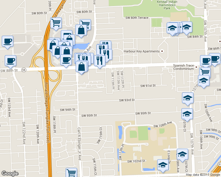 map of restaurants, bars, coffee shops, grocery stores, and more near 11510 Southwest 92nd Street in Miami