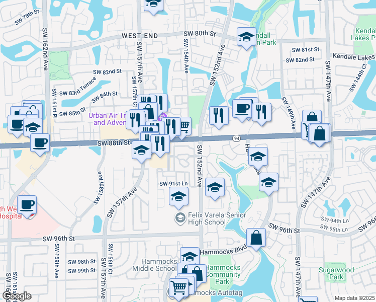 map of restaurants, bars, coffee shops, grocery stores, and more near 8933 Southwest 152nd Path in Miami