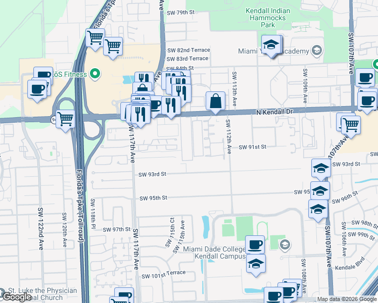 map of restaurants, bars, coffee shops, grocery stores, and more near 11510 Southwest 92nd Street in Miami