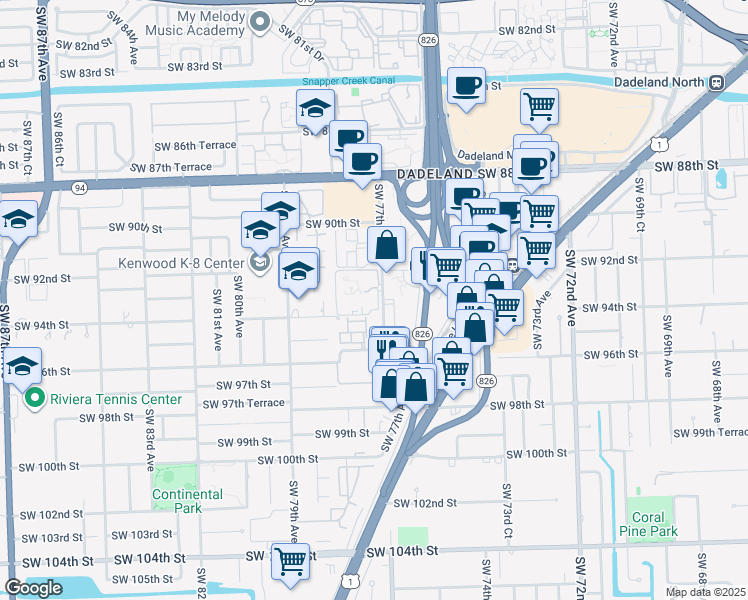 map of restaurants, bars, coffee shops, grocery stores, and more near 9400 Southwest 77th Avenue in Miami