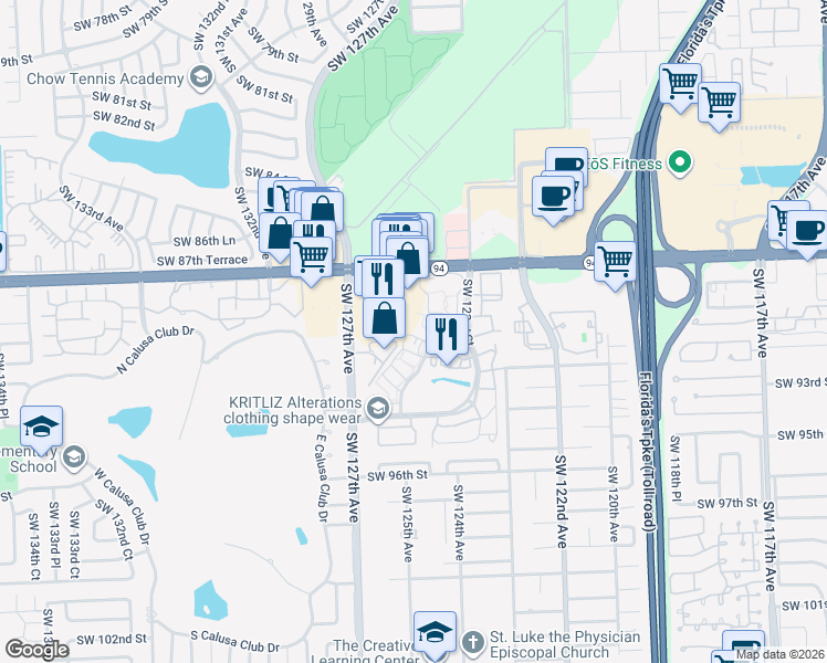 map of restaurants, bars, coffee shops, grocery stores, and more near 9020 Southwest 125th Avenue in Miami