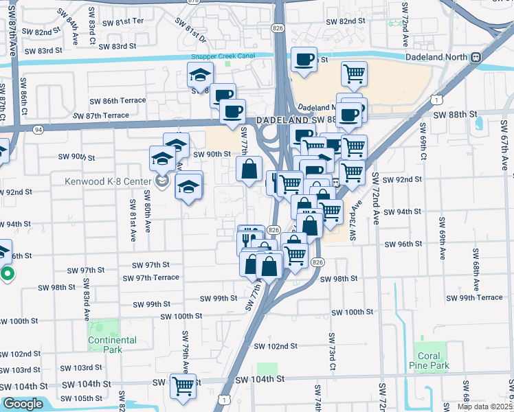 map of restaurants, bars, coffee shops, grocery stores, and more near 9357 Southwest 77th Avenue in Miami