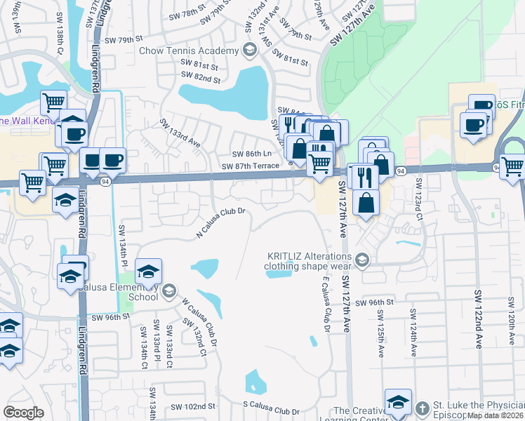map of restaurants, bars, coffee shops, grocery stores, and more near 12930 North Calusa Club Drive in Miami