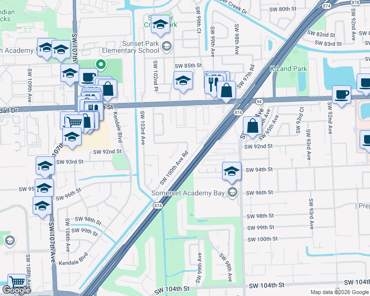 map of restaurants, bars, coffee shops, grocery stores, and more near 10015 Southwest 91st Terrace in Miami
