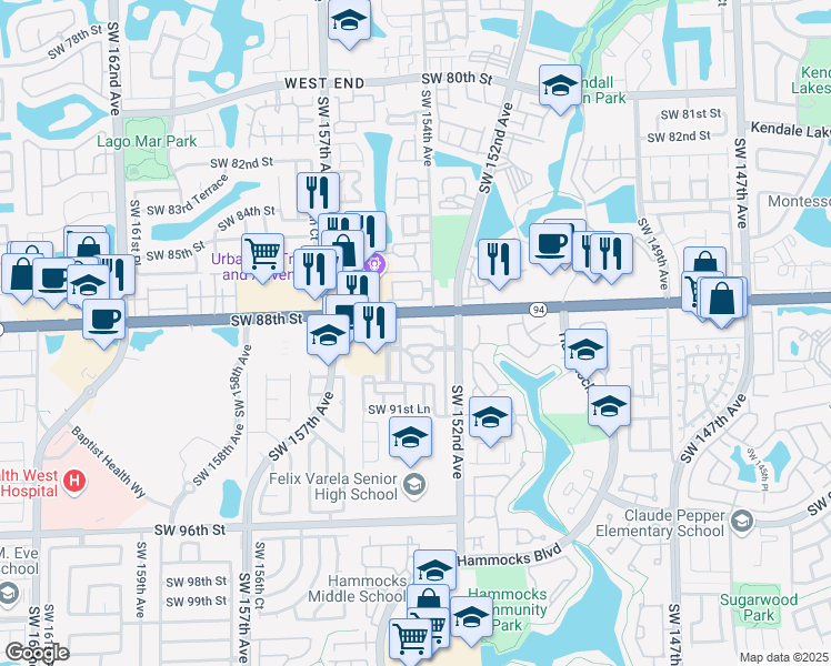 map of restaurants, bars, coffee shops, grocery stores, and more near 15282 Southwest 88th Terrace in Miami