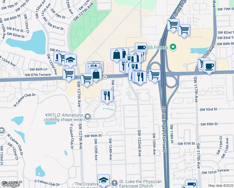 map of restaurants, bars, coffee shops, grocery stores, and more near 8911 Southwest 123rd Court in Miami