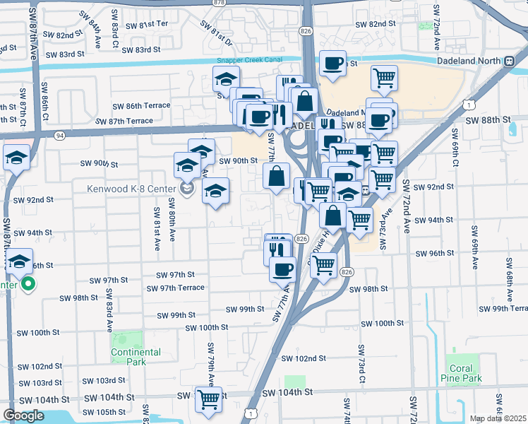 map of restaurants, bars, coffee shops, grocery stores, and more near 9304 Southwest 77th Avenue in Miami