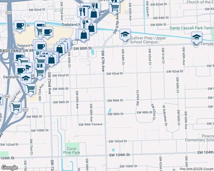 map of restaurants, bars, coffee shops, grocery stores, and more near 9321 Southwest 67th Avenue in Miami