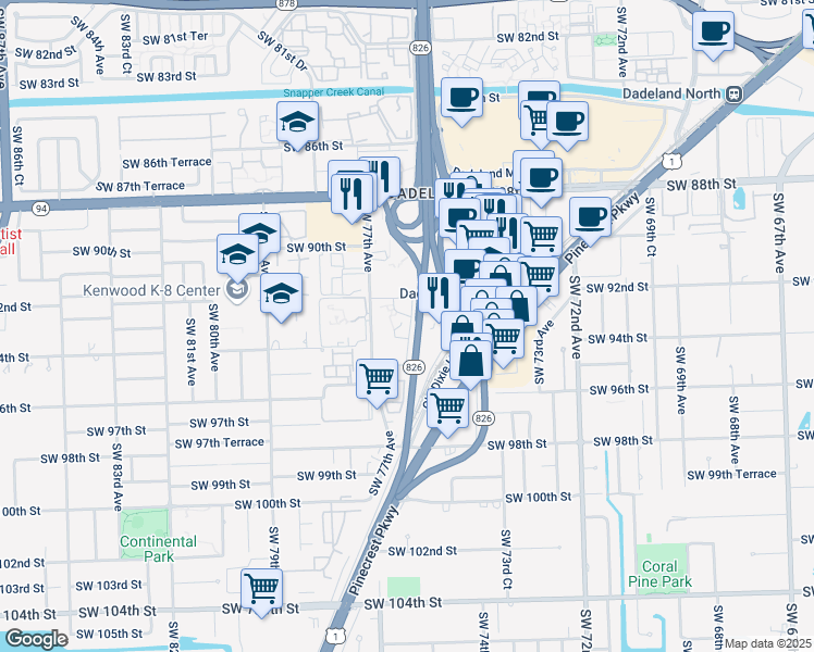 map of restaurants, bars, coffee shops, grocery stores, and more near 9305 Southwest 77th Avenue in Kendall
