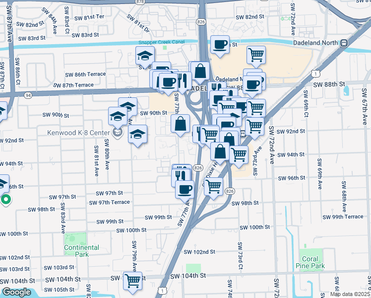 map of restaurants, bars, coffee shops, grocery stores, and more near 9315 Southwest 77th Avenue in Kendall