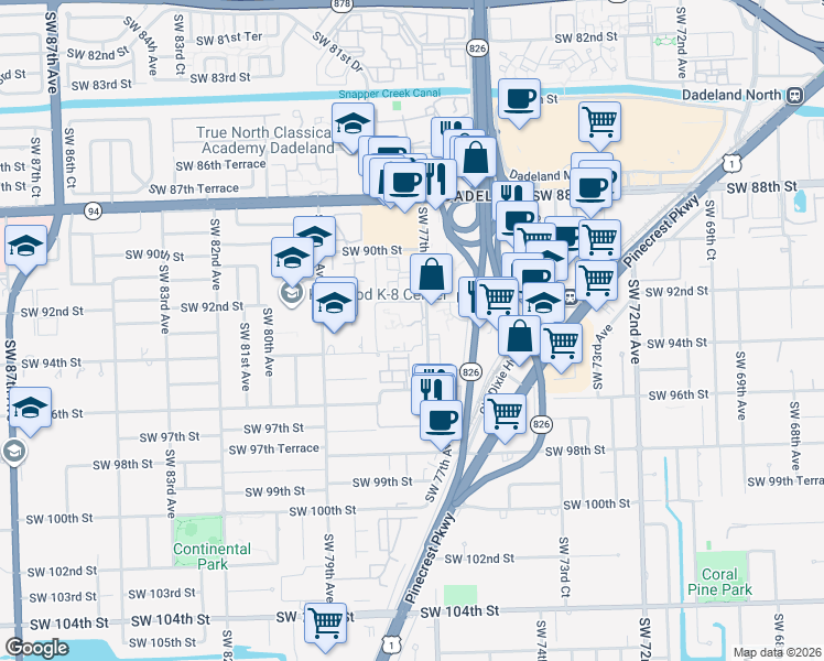 map of restaurants, bars, coffee shops, grocery stores, and more near 9304 Southwest 77th Avenue in Miami