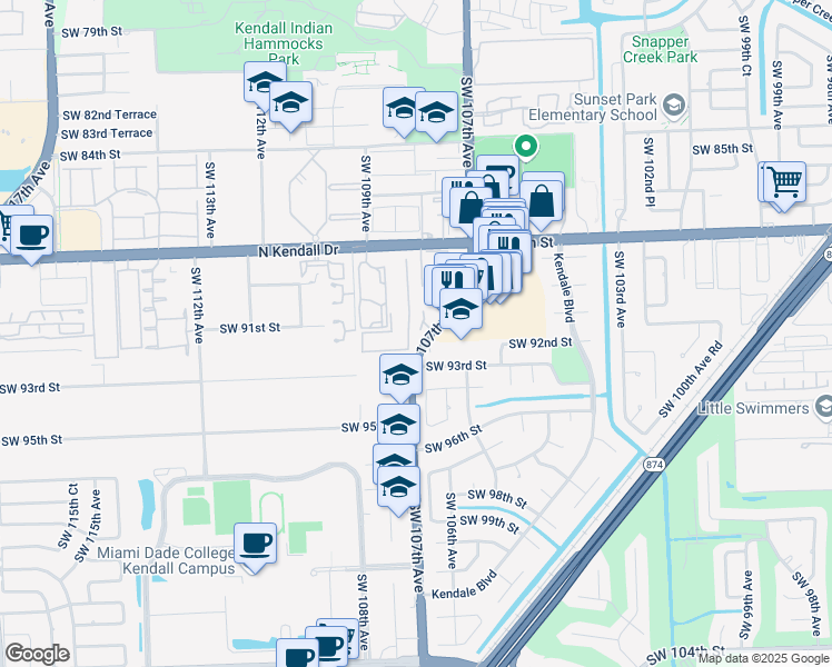 map of restaurants, bars, coffee shops, grocery stores, and more near Unnamed Road in Miami